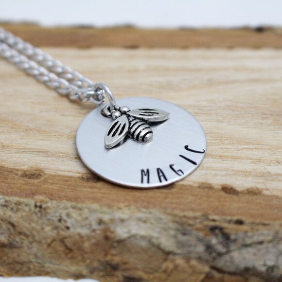 Bee Magic - Hand Stamped Pendant w/ 18" Chain - Handmade & Hypoallergenic - Picture 3 of 6
